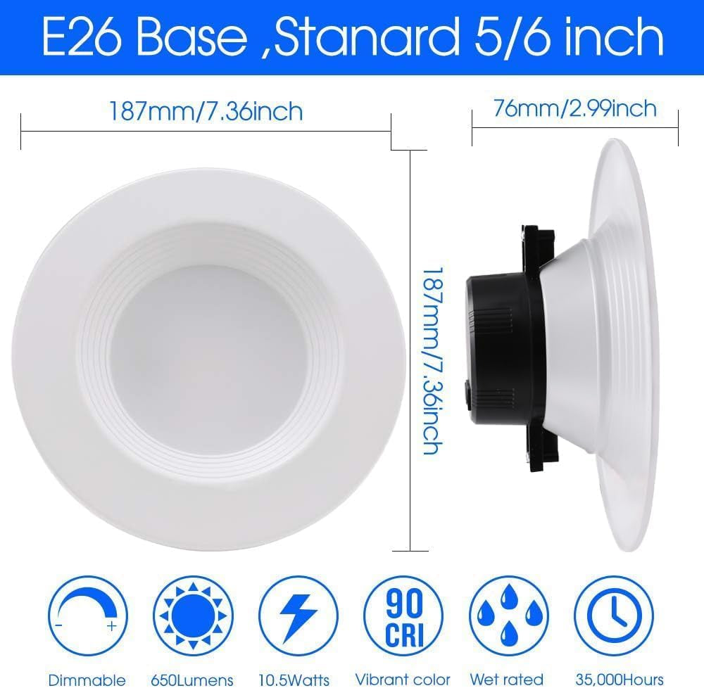 12 Pack 5/6 Inch 5CCT LED Recessed Downlight, Can Lights with Baffle Trim, Wet Rated, E26 Base, 10.5W=85W, CRI 90, Dimmable, Simple Retrofit Installation, Energy Star & ETL Listed